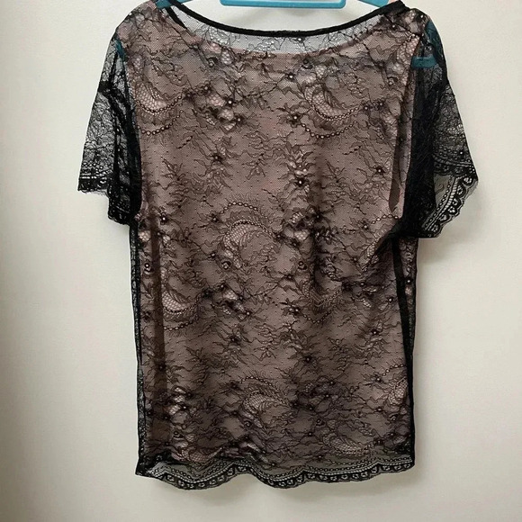 Loft black lace overlay top tee short sleeves lined medium - Picture 4 of 7